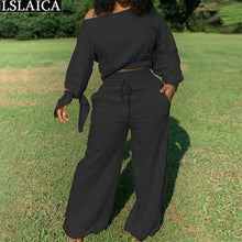 Load image into Gallery viewer, Plus Size Long Sleeve Crop Top Wide Leg Pants Sets
