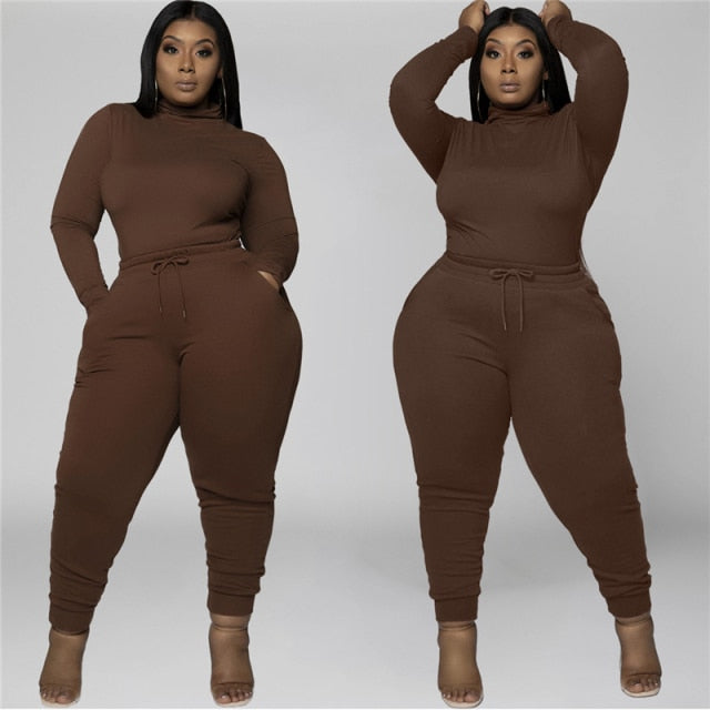 Two Piece Turtleneck Long Sleeve Top and Pants Set Plus Size